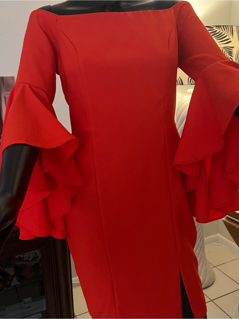 Incredible 1970s Vibrant Vintage Orange Ruffle Bell Sleeve Fitted Dress PERFECT